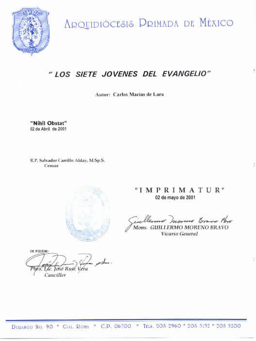 Imprimatur del curso 7 Jóvenes del Evangelio de la Escuela de Evangelización San Andrés.