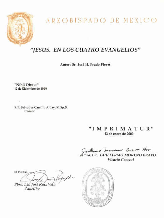 Imprimatur del curso Jesús en los cuatro Evangelios, de la Escuela de Evangelización San Andrés