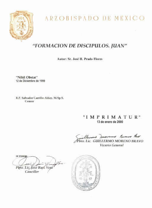 Imprimatur del curso Juan, de la Escuela de Evangelización San Andrés